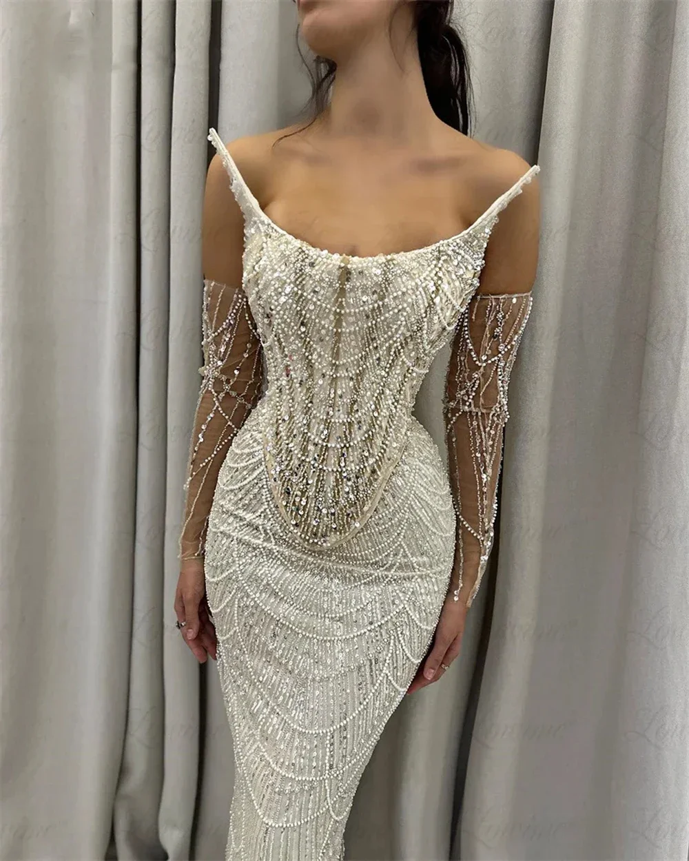 Spaghetti Straps 3 Pieces Suit Mermaid Sequined Evening Dresses Champagne Pearls Beaded Formal Prom Party Gowns فساتين سهرة