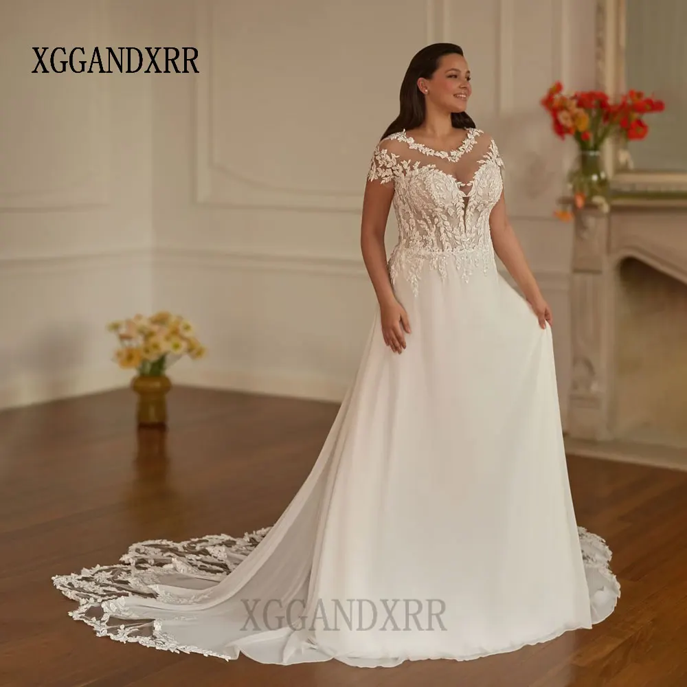 Vestidos de novia de encaje con apliques de línea A de lujo, vestidos de novia de manga corta con cuello redondo, vestido Formal de fiesta de boda de cola larga 2026