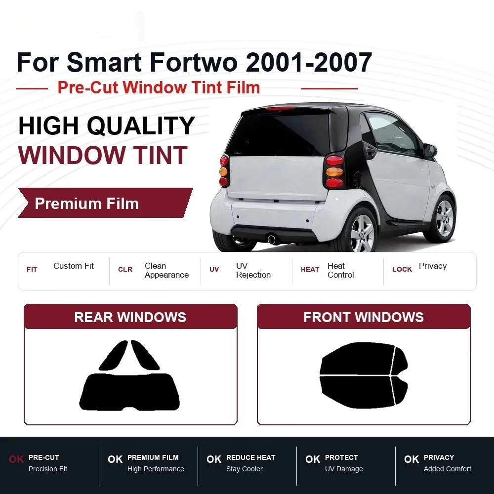 Precut Auto Window Tint for Smart Fortwo 2001-2007, Front & Rear Windows, Reliable UV Heat Blocking Privacy Protection Film