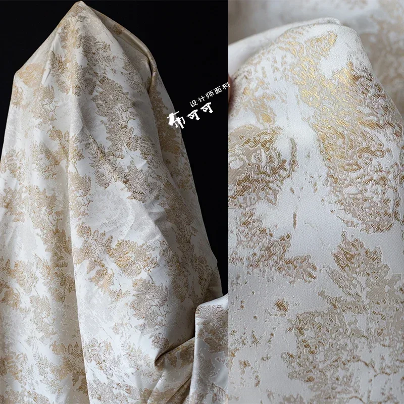 

Textured Jacquard Fabric Gold Background White Face Plant Flowers Retro Art Designer Cloth for Diy Sewing Meters Material