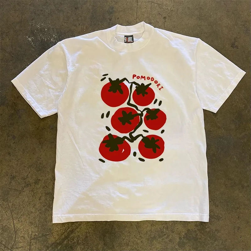 Tops holgados de algodón 2024 puro para hombre, ropa informal de manga corta, superelástica, transpirable, con estampado de tomate, para uso diario, novedad de 100%