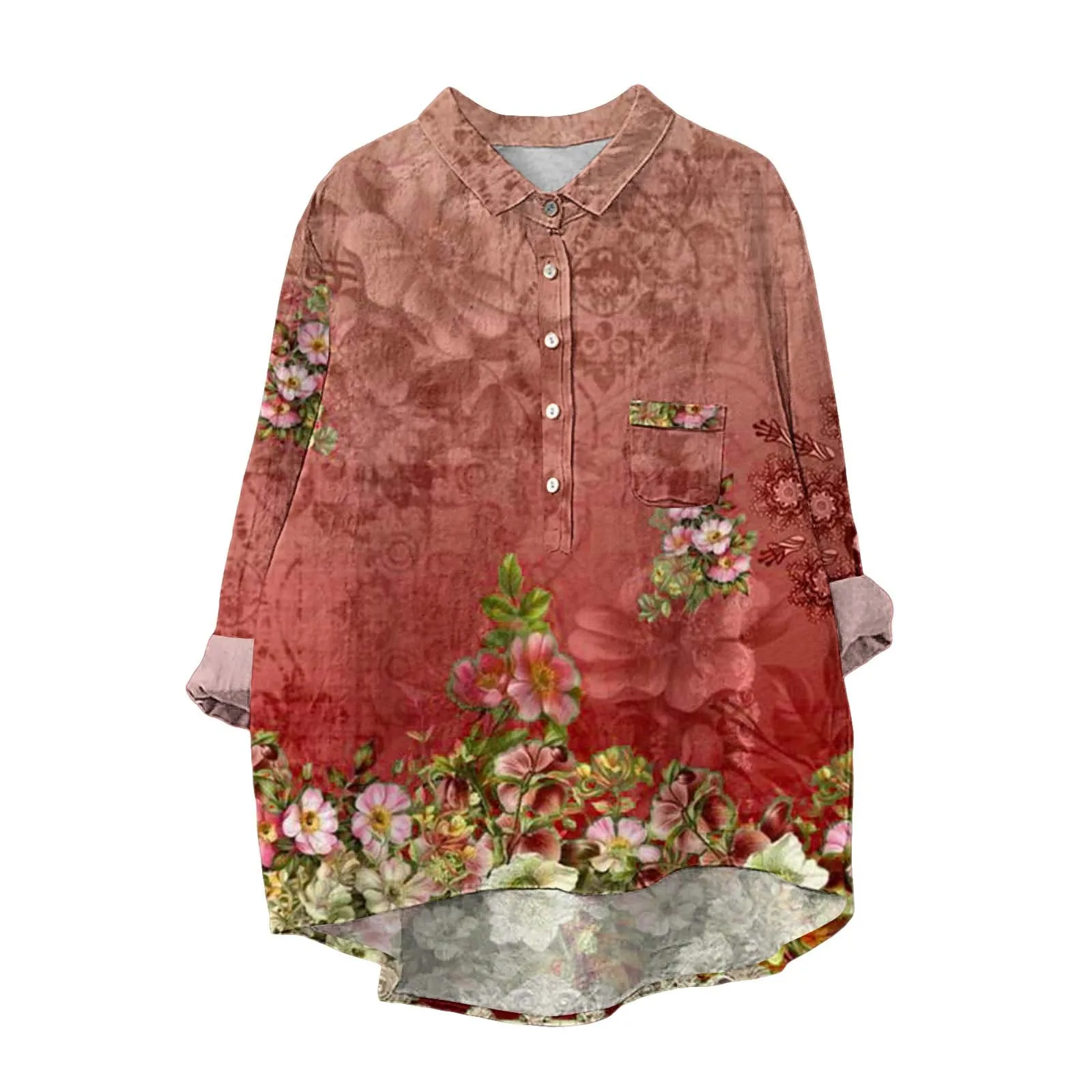 Summer Women's Lapel Neck Casual Embroidered Rose Print Breathable Loose Shirt Cotton And Linen Long Sleeve Shirt