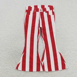 Wholesale Toddler Zipper Bell Bottom Pants Baby Girl Trousers Clothing Kids Infant Pocket Children Red White Stripes Denim Jeans