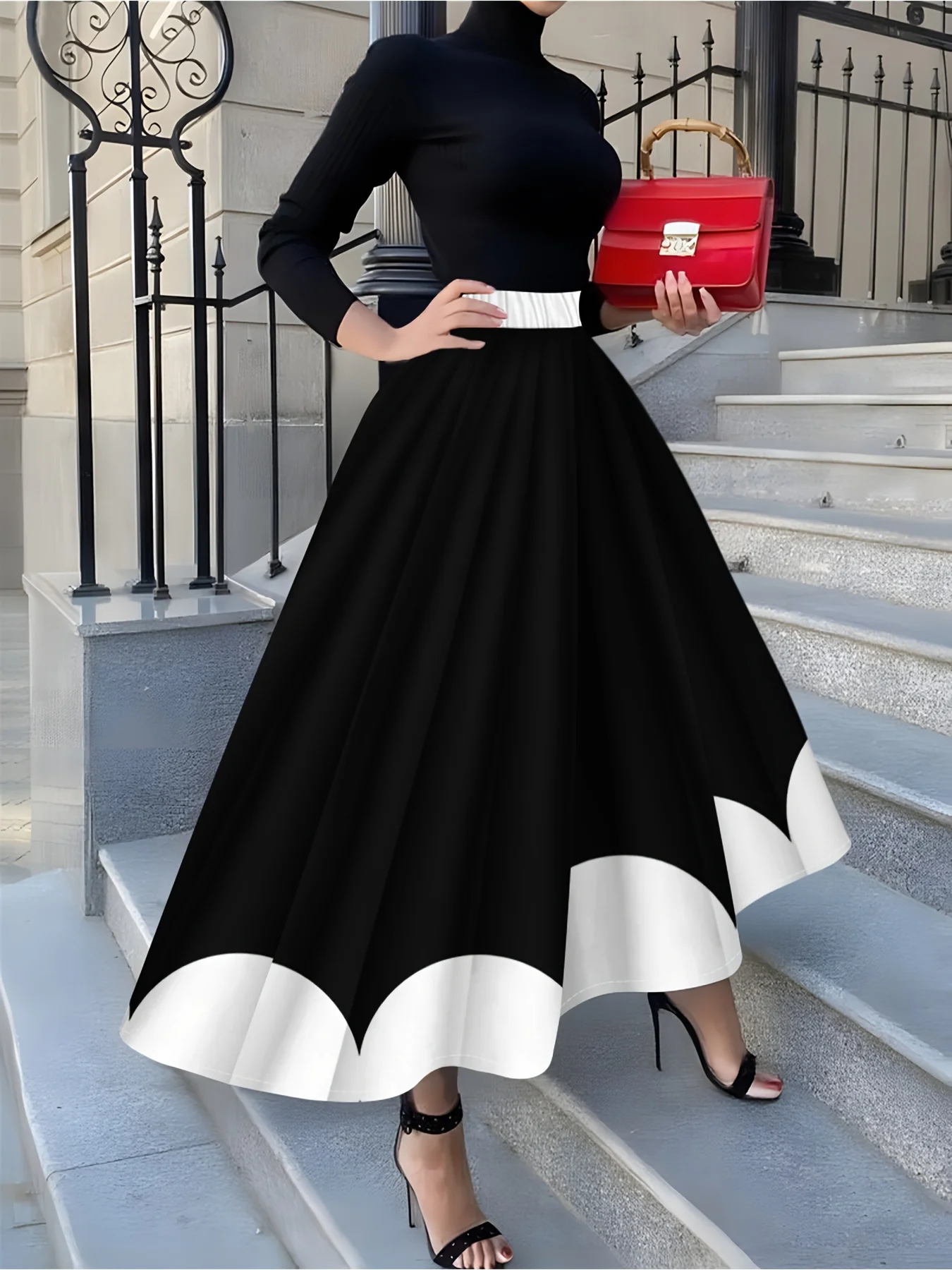 Retro Schwarz-Weiß Wellenförmiger Saum Bedruckter Midi-Rock für Damen Elegante Mode A-Linie Hohe Taille Sommer Büro Party Rock