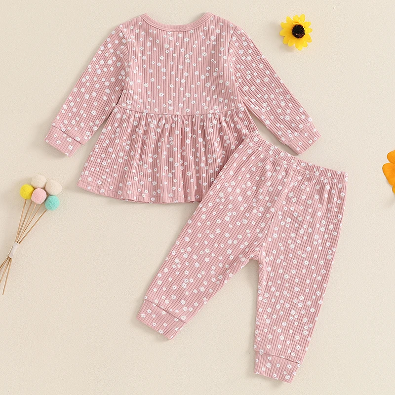 2024-05-29 Lioraitiin 1-5Y Toddler Girl Fall Outfits Floral Print Crew Neck Long Sleeve Tops Elastic Waist Long Pants 2Pcs Set image 3
