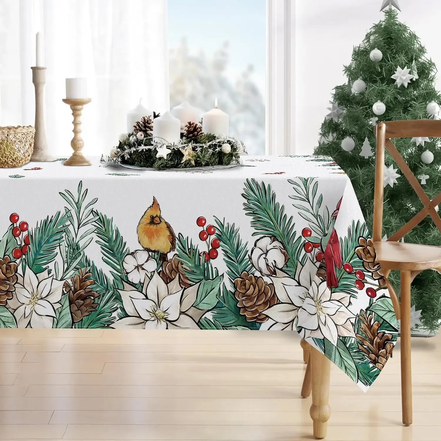 Christmas Poinsettia Pine Cone Berry Tablecloths for Table Decor Winter Xmas Cardinal Red Bird Table Cloth Christmas Decoration