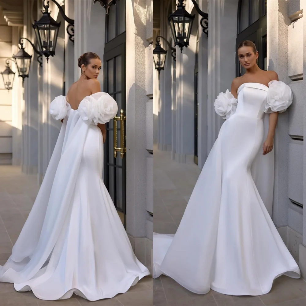 Customized  Mermaid Exquisite Wedding Dress Modern Strapless Heavy Industry Wedding Dresses Simple White Satin Prom Dre