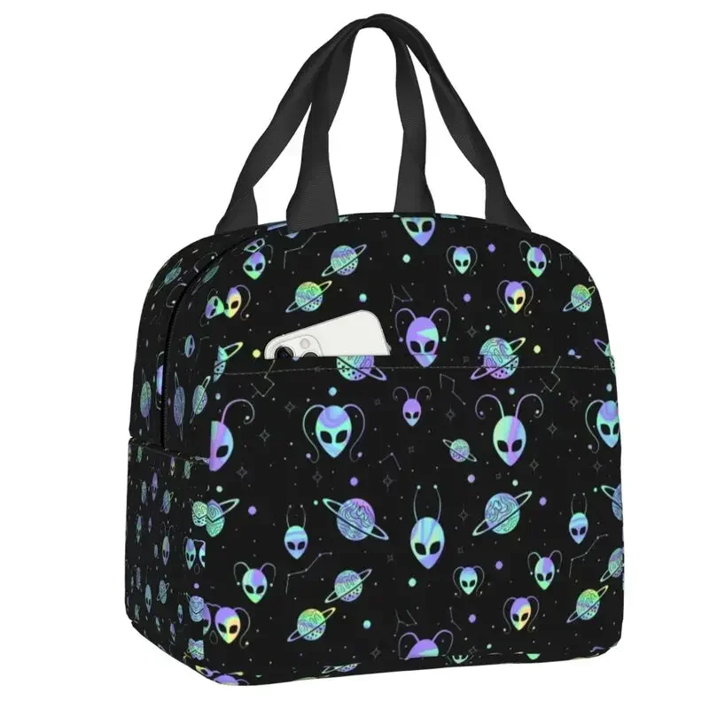 Holographic Alien Universe Cosmos with Planet and Stars Insulated Lunch Bag Portable Cooler Thermal Lunch Box Women Kids