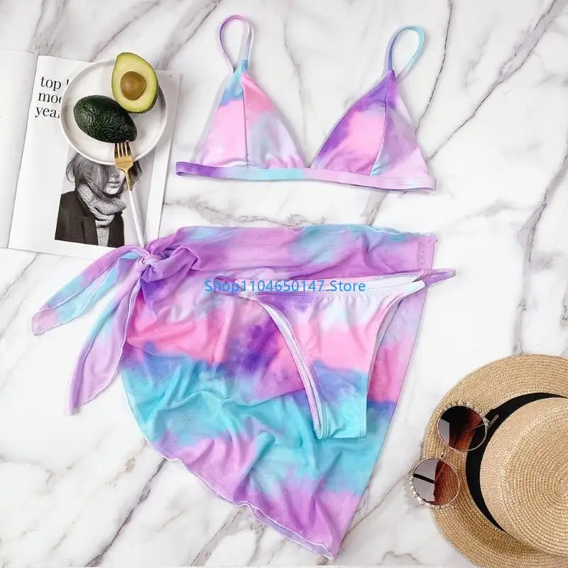 Womens Sexy 3pcs Set V-Neck for Triangle Cup Brazilian Swimsuit with Sarong Wrap Skirt Rainbow Tie-Dye Bathing