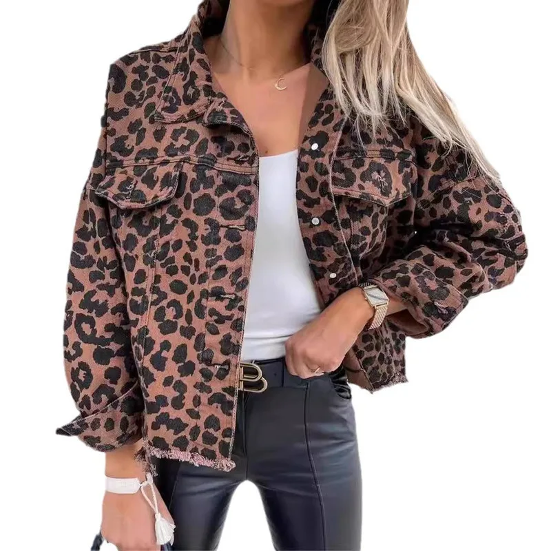 JY 2024 Spring and Autumn Trendy Women's Leopard Denim Jacket Long Sleeve Short Style Loose Casual Women's Coat