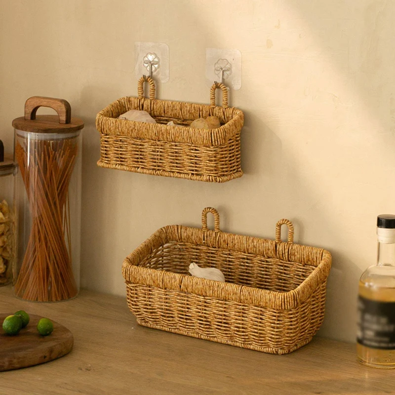 Rattan Storage Basket Wall Hanging Woven Sundries Picnic Basket Home Kitchen Fruit Vegetables Organizer Flower Plant Pot Baskets