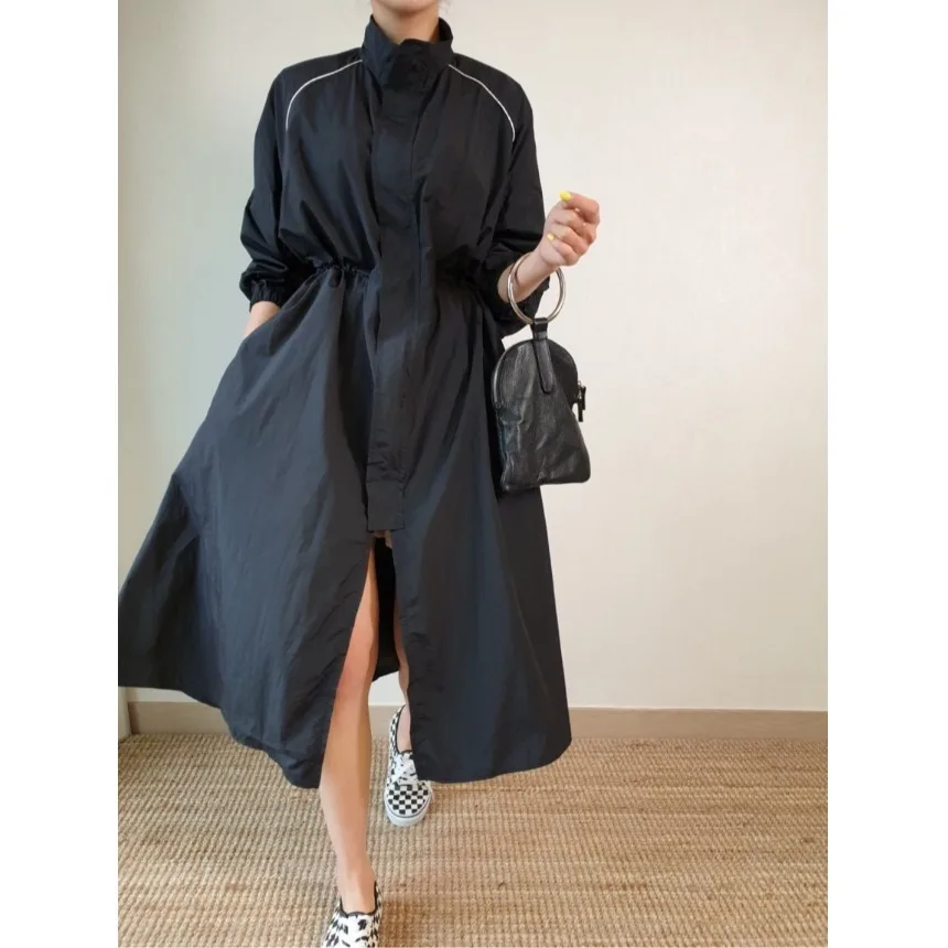 

Loose High Waist Knee-Length Slit Design Windbreaker Sle Dr Women Dongda Gate Invisible Button Stand Collar Dr