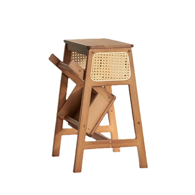 

Natural Bamboo High Stools Kitchen Creative Rattan Weaving Ladder Chair Flip Storage Ladder Stool Multifunctional 2 Step Ladder