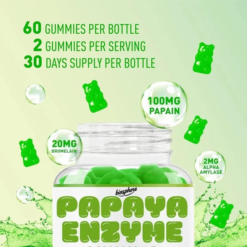 Papaya digestive enzyme gummies, containing amylase, papain, and bromelain, relieve bloating