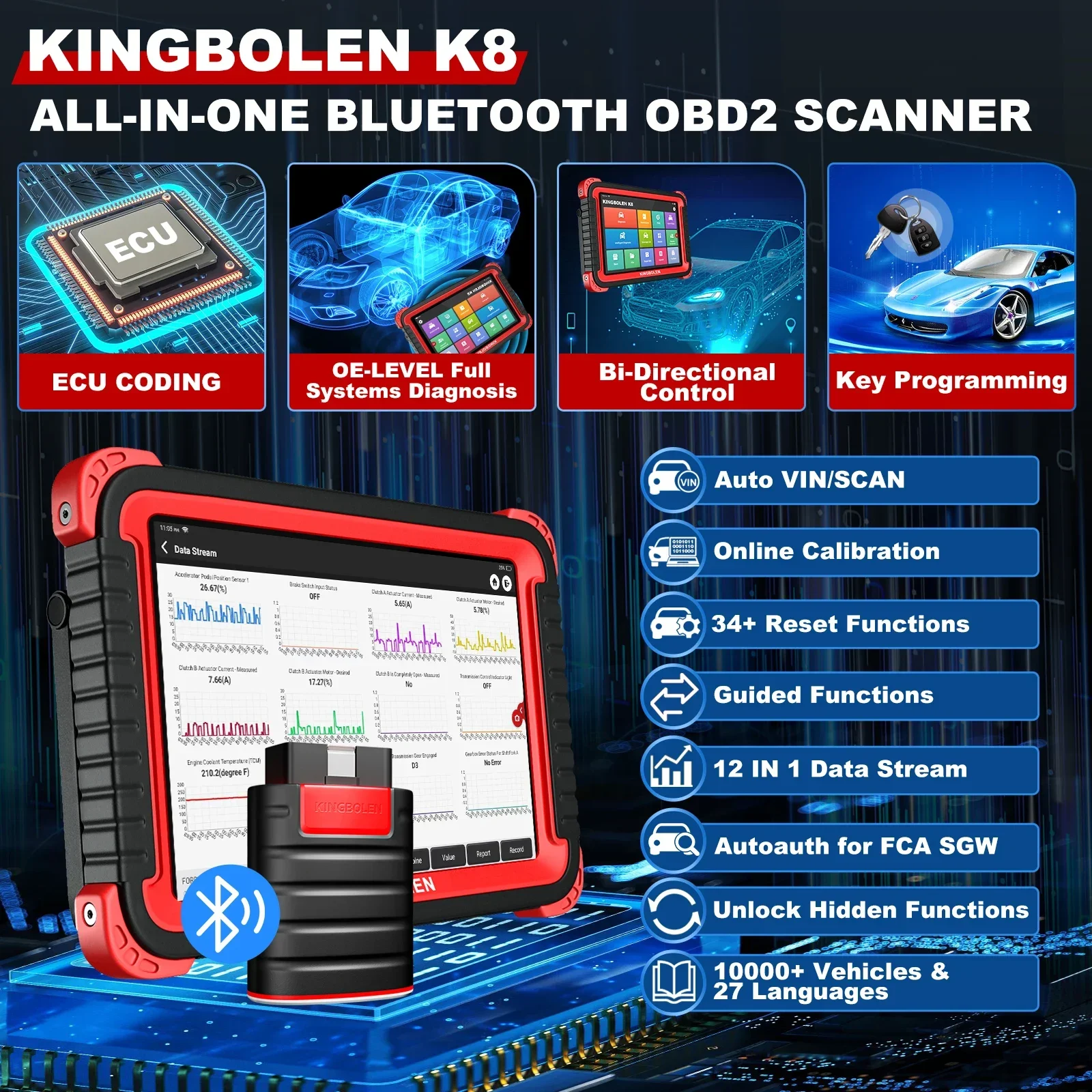 Kingbolen K8 Bi-directional All Systems Car Diagnostic Scanner with 34 Resets FCA AUTOAUTH