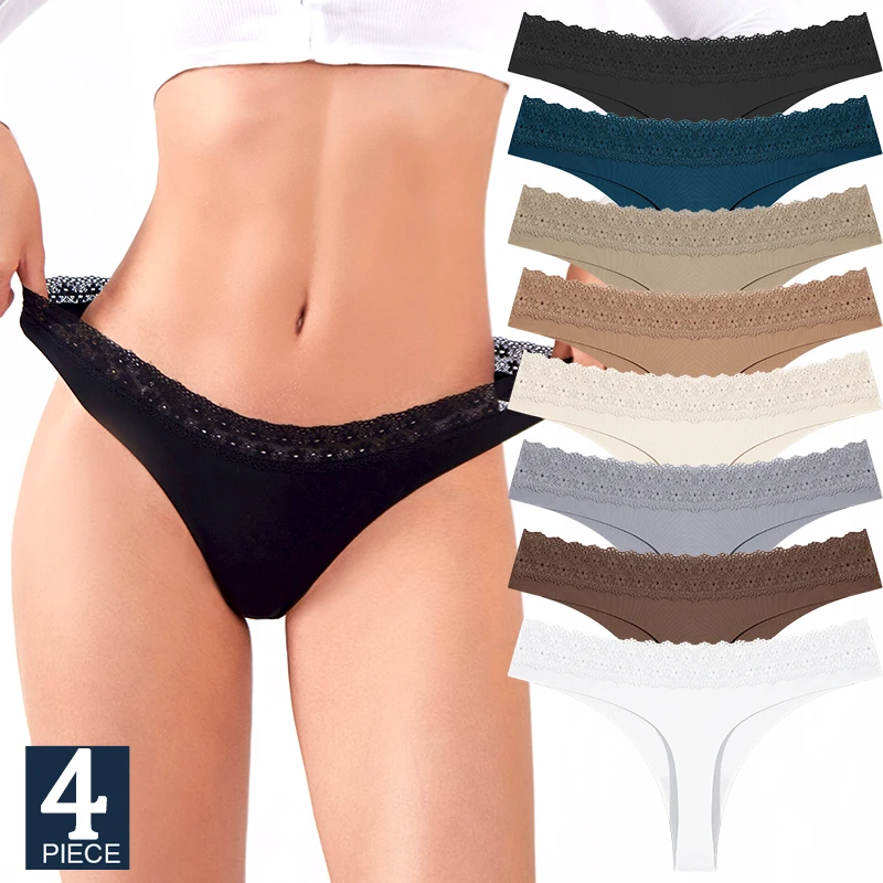 

FINETOO 4 шт., сексуальные полые кружевные стринги для девочек, нижнее белье, хлопковые женские стринги, однотонные бесшовные мягкие женские трусики, нижнее белье с низкой талией