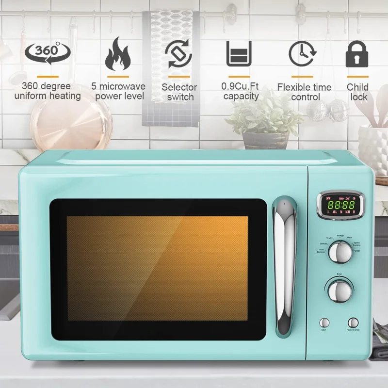 فرن ميكروويف مدمج بطول 0.9 قدم مكعب من MAT EXPERT، ميكروويف صغير سعة 25 لتر مع قرص دوار زجاجي، وظيفة تشغيل متأخرة، مع قفل أطفال (أخضر)