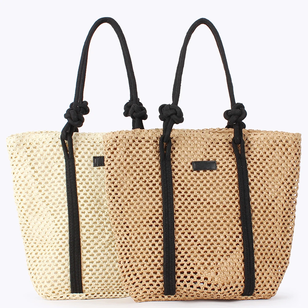 

Bohemian Hollow Woven Straw Tote Bag, Large Capacity Handbag with Black Knotted Handles for Summer Beach Vacation Casual Outings
