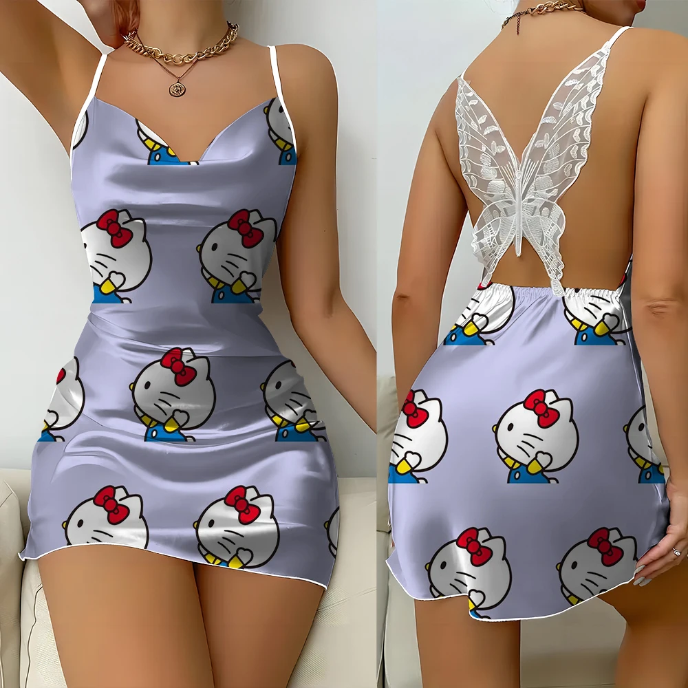 Hot Sale Summer Sexy Women's Nightgown Dress Suspender Hello Kitty Printed Casual U-neck Lace Butterfly Backless Nightgown