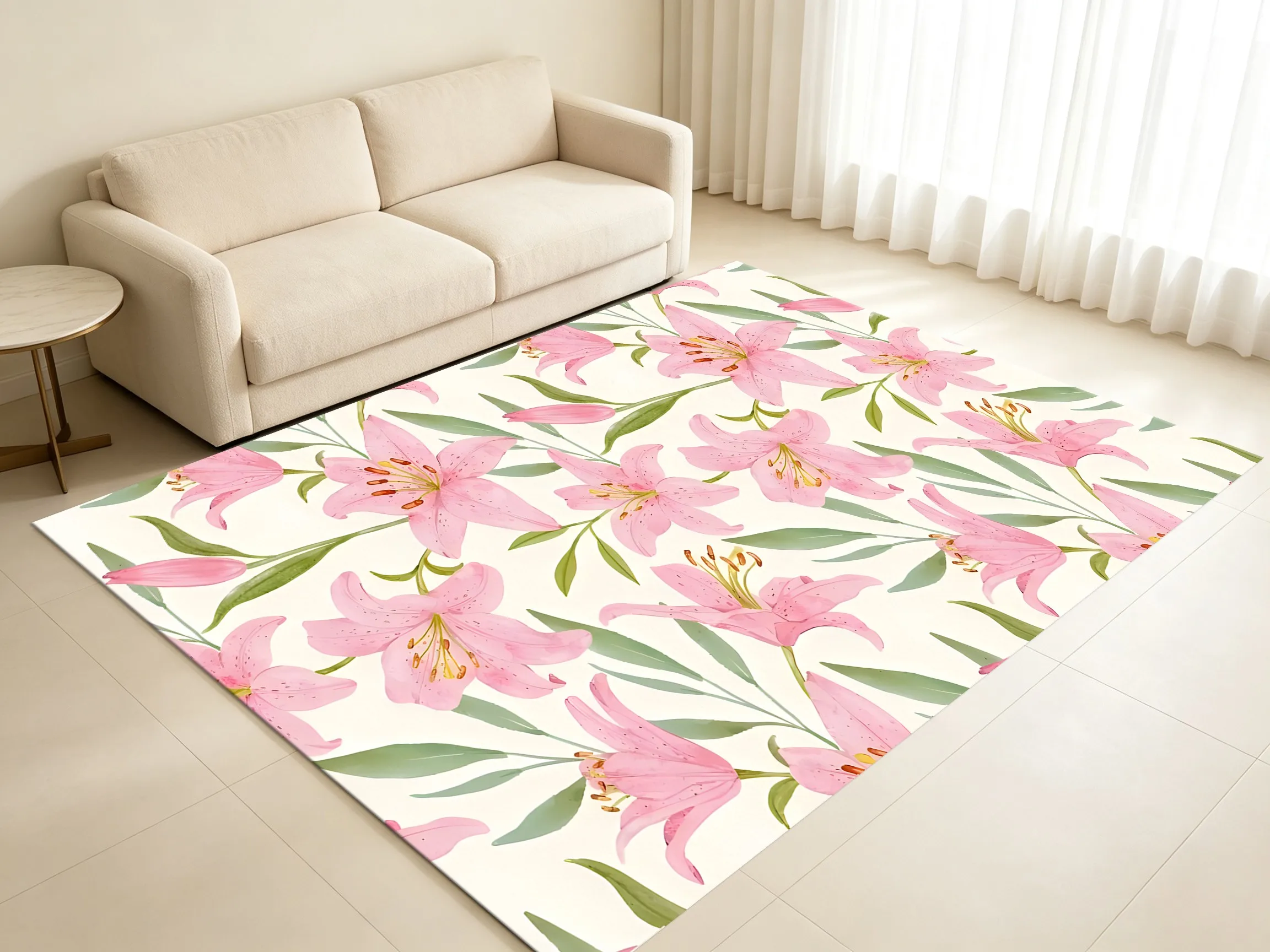 Watercolor Pink Lily Print Creates a Fresh, Forest-Themed Atmosphere, Perfect for Women's Day This Velvet Rug Is Ideal for Bedrooms, Living Rooms, and Walk-In Closets, Adding a Touch of Gentle Romance to Your Home.