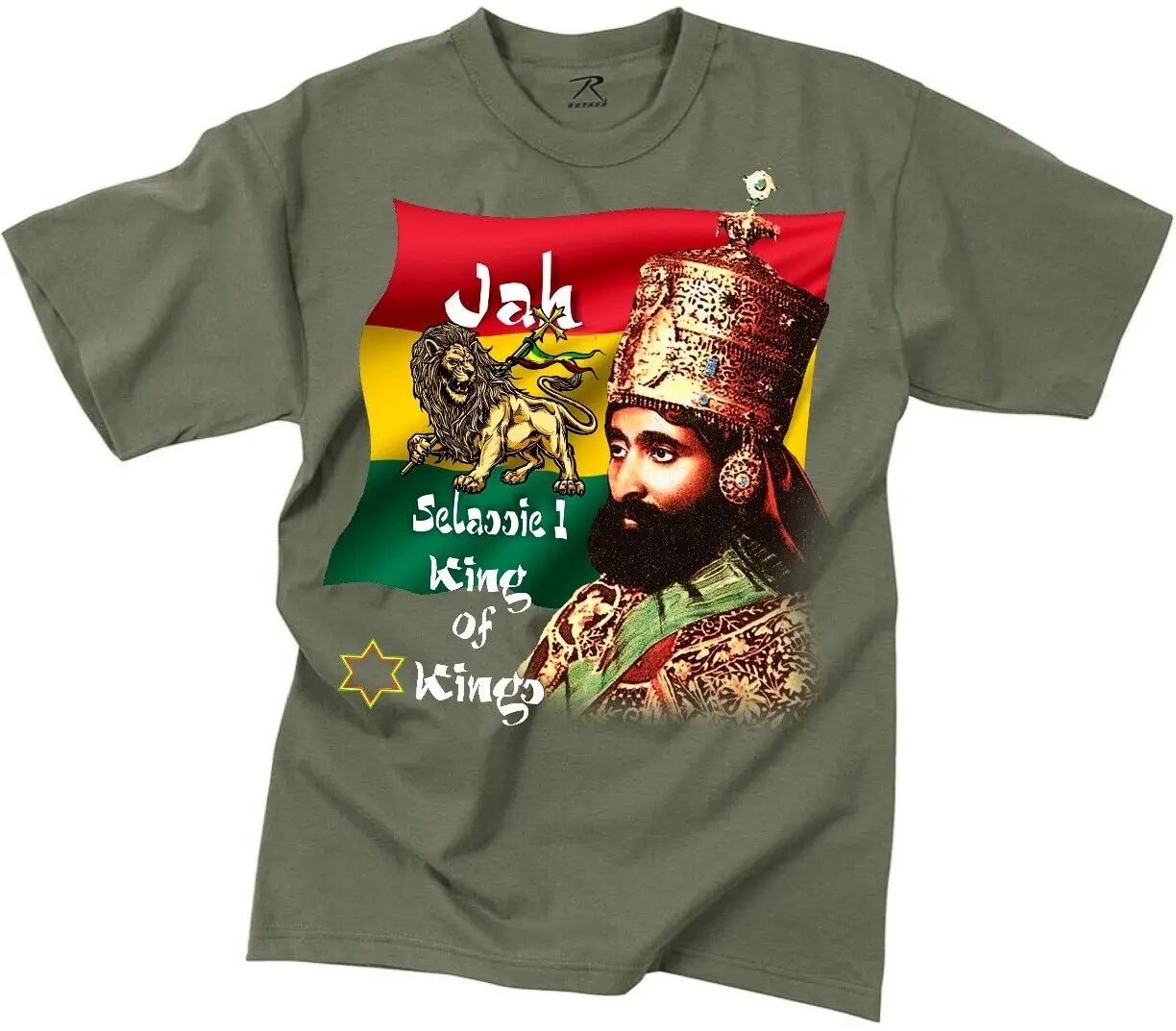 HAILE SELASSIE T-SHIRT, ARMY GREEN CORONATION TEE , RASTA, REGGAE SHIRT, JAH