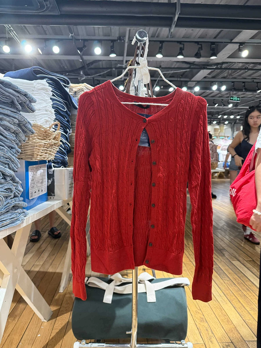 

Red Twisted Slim Cardigan Sweater Women Autumn New Crew Neck Single Breasted Preppy Style Vintage Long Sleeve Knitwear Outerwear
