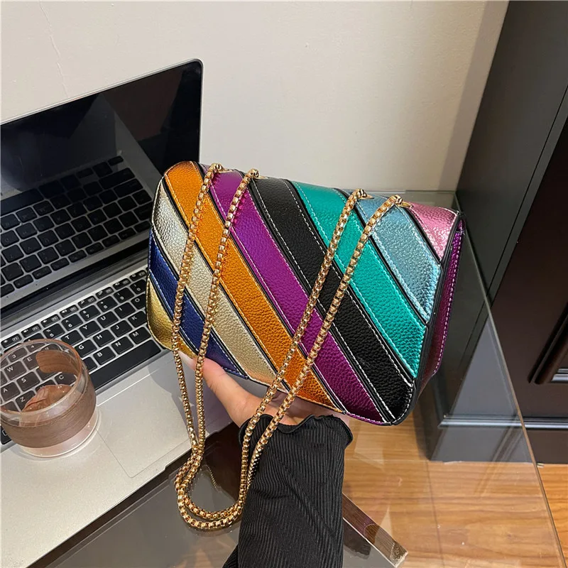

Chain Square Bags for Women 2025 New Fashion Leather Striped Crossbody Bag Luxury Evening Party Casual Chic Shoulder Bag Woman