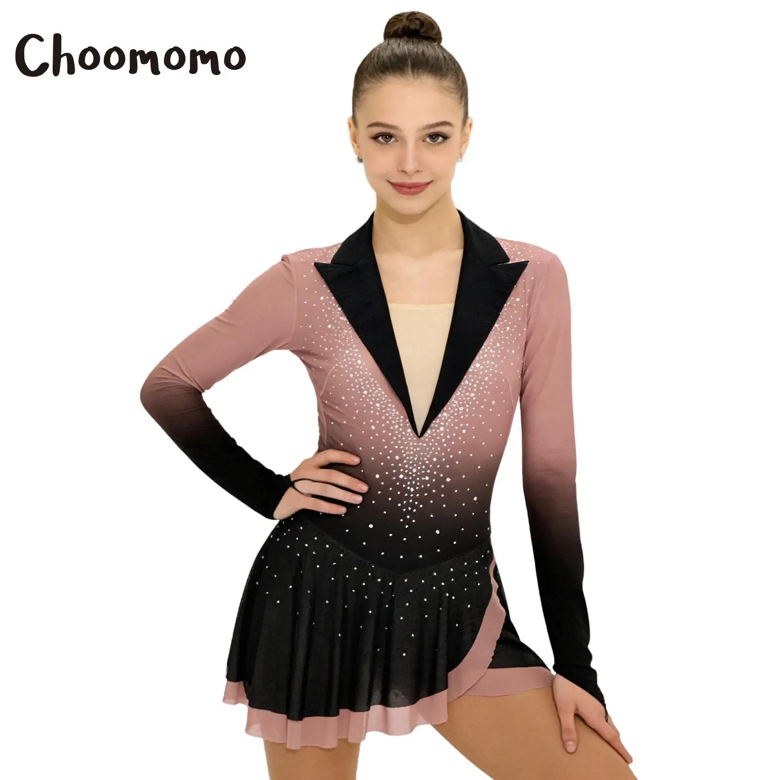 

Women Rhinestones Figure Skating Dress Gymnastics Ballet Jersey Leotard Backless Color Block Mesh Gradient Lyrical Dance Dress