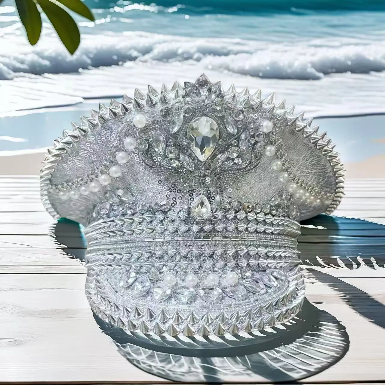 HongLuan Silver Series Halloween-Kostümhut, Kapitänshüte Strass für Burning Man Festival Woman, Cosplay Damenaccessoires