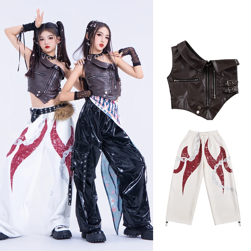 

2025 детские танцевальные костюмы в стиле хип-хоп для девочек, коричневый жилет, брюки в стиле хип-хоп, уличная одежда, современная одежда для джазовых представлений, рейв-одежда XH3652