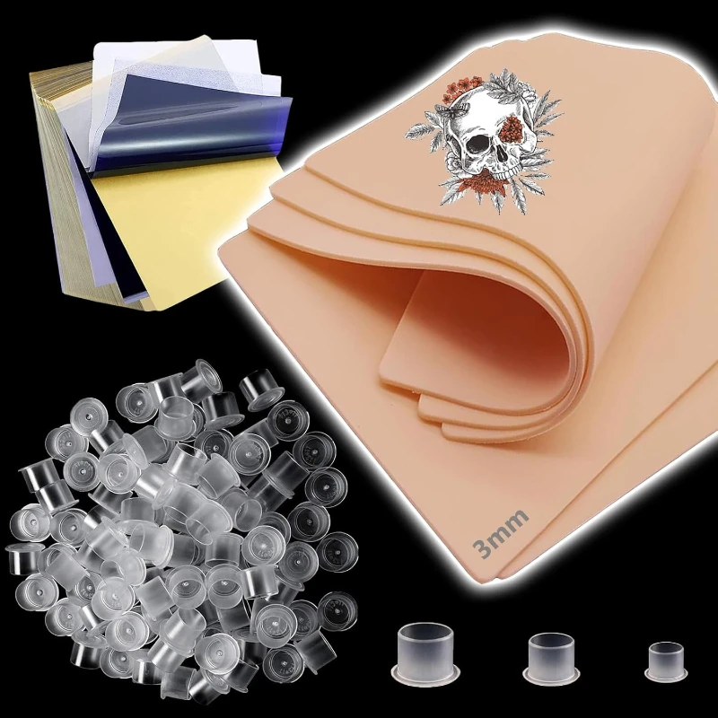 

SUANGL 5Pcs Tattoo Practice Skin with 15Pcs Tattoo Transfer Paper and 300Pcs Tattoo Cups (S M L) Tattoos Practice Skin Kit
