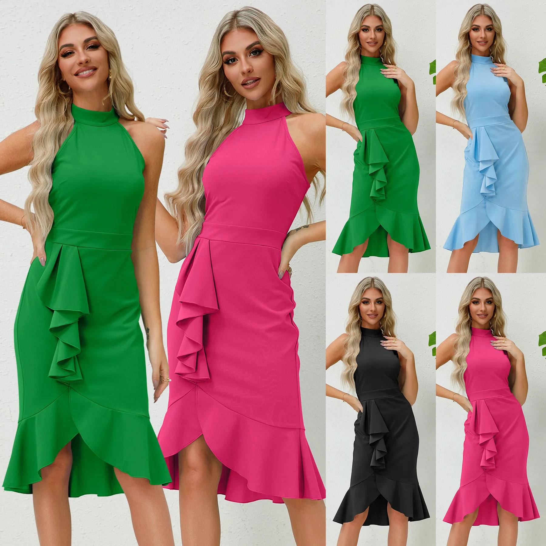 Women's Hip-hugging Sexy Slim-fit Stand-collar Sleeveless Ruffled Fishtail 2024 Summer Dresses