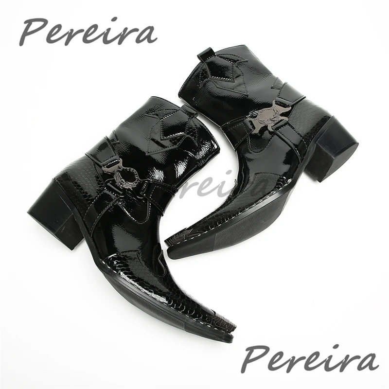 Black Patent Leather Men Chelsea Boots Trendy Cowhide Iron Pointed Toe Metal Buckle Side Zipper Short Boots Business Dress Shoes