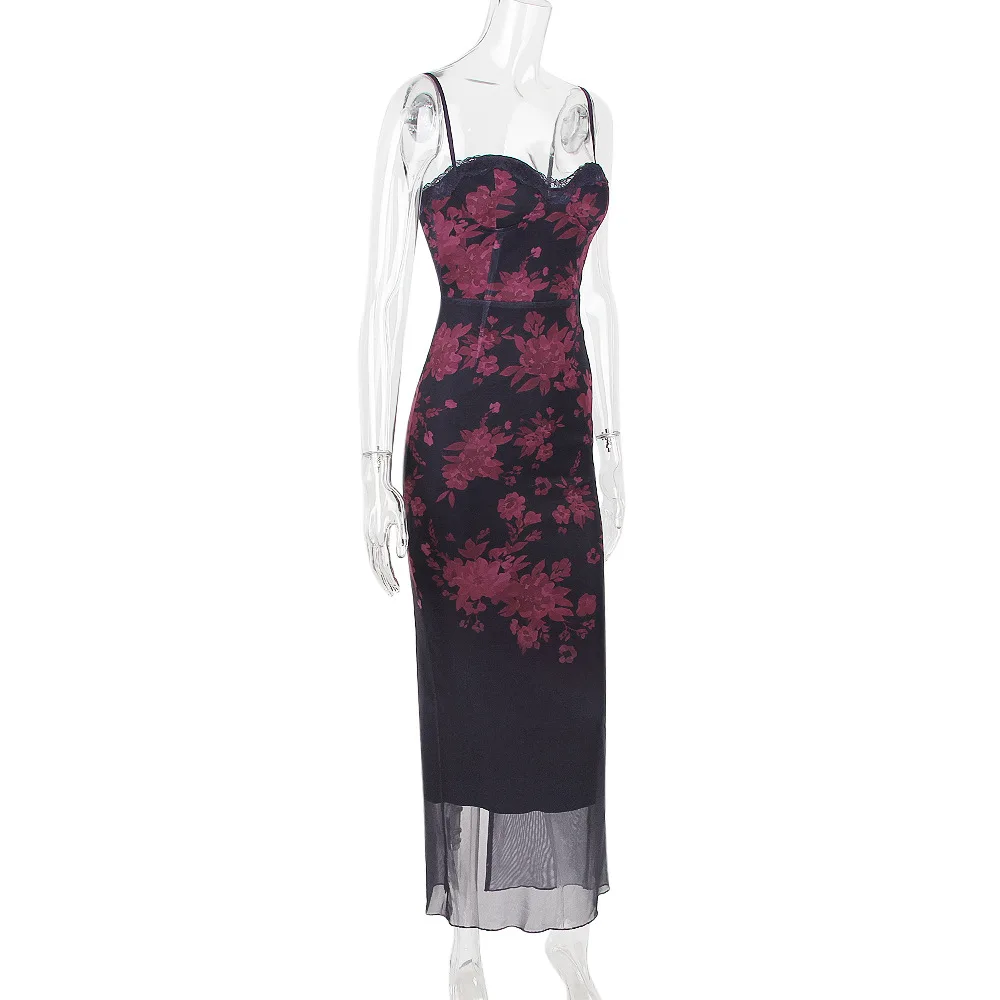 Women's Lace Red Floral Printed Maxi Dress Wrap Chest Strap Sexy Backless Slim Elegant Robe Ladies Clubwear Vestidos