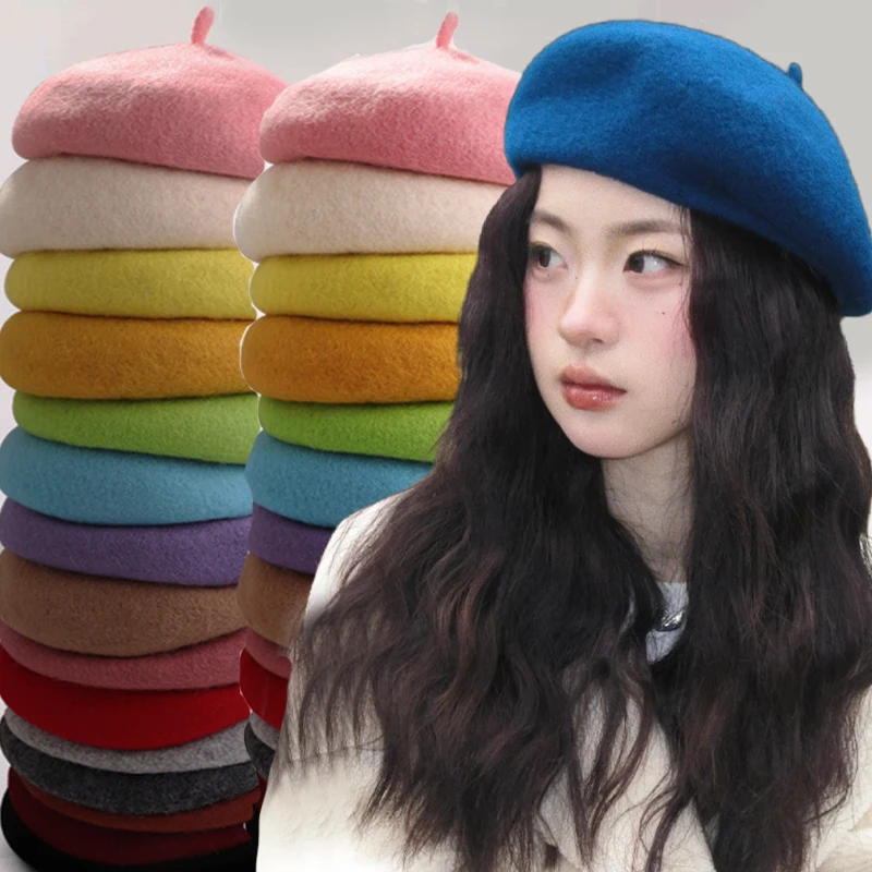 Fashion Wool Berets Women French Artist Solid Color Vintage Versatile Big Head Circumference Cap Girls Elegant Soft Beanie Hat