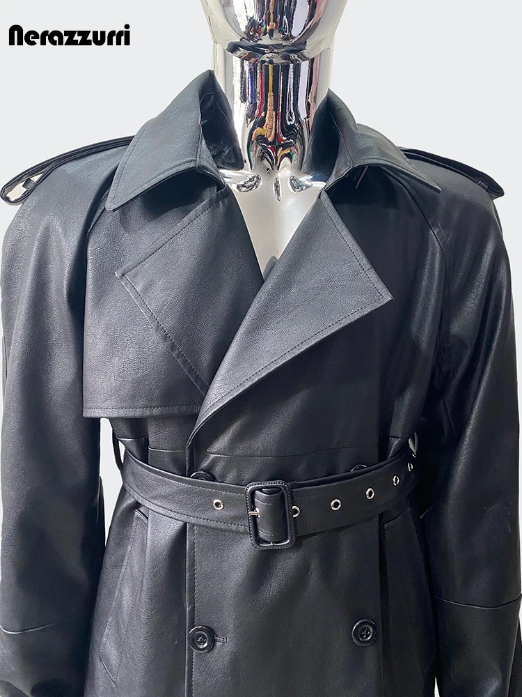 Nerazzurri Autumn Cool Extra Long High Quality Waterproof Black Pu Leather Trench Coat for Women Belt Luxury Designer Clothes