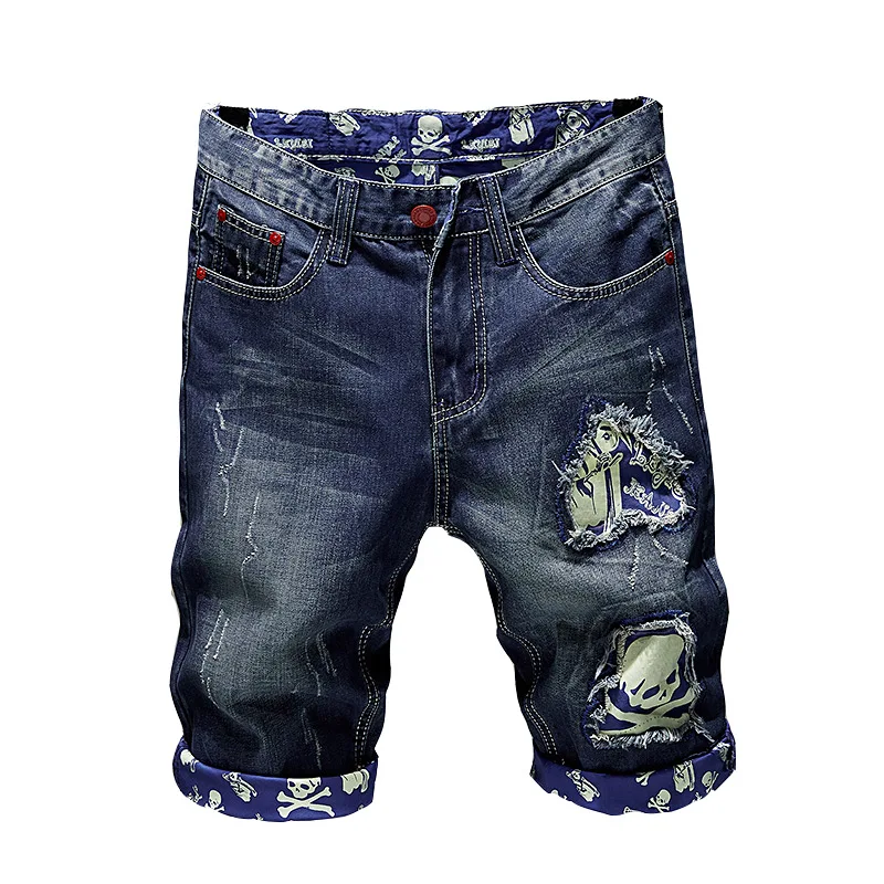 Handsome Motorcycle Denim Shorts Men's Summer Street Fashion Personalized Printed RippedinsHigh Street Slim-Fit Retro Shorts