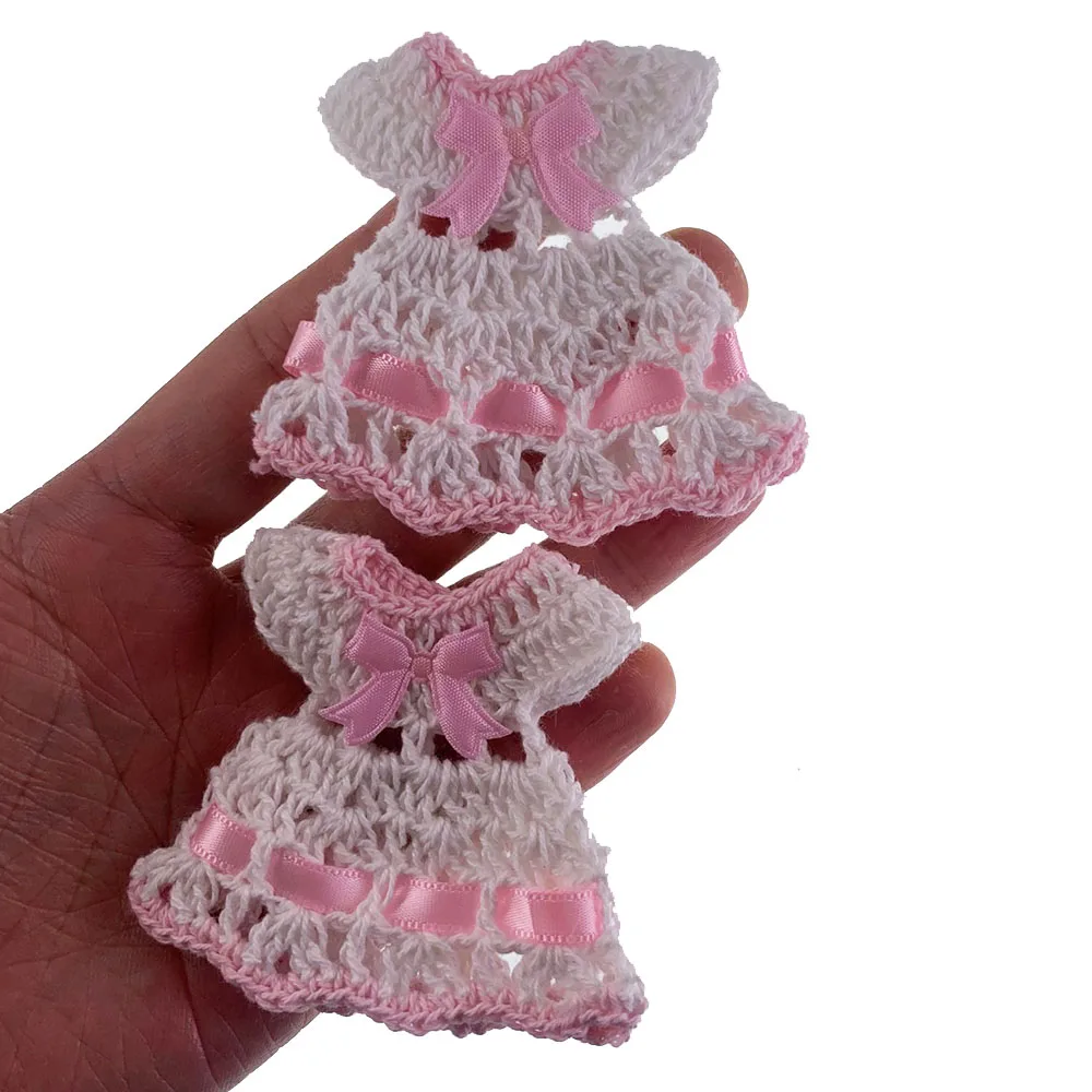 12Pcs Handmade Mini Crochet Knitting Dress Fabric For Baby Shower Baptism Toy Dolls Crafts Table Party DIY Decorations