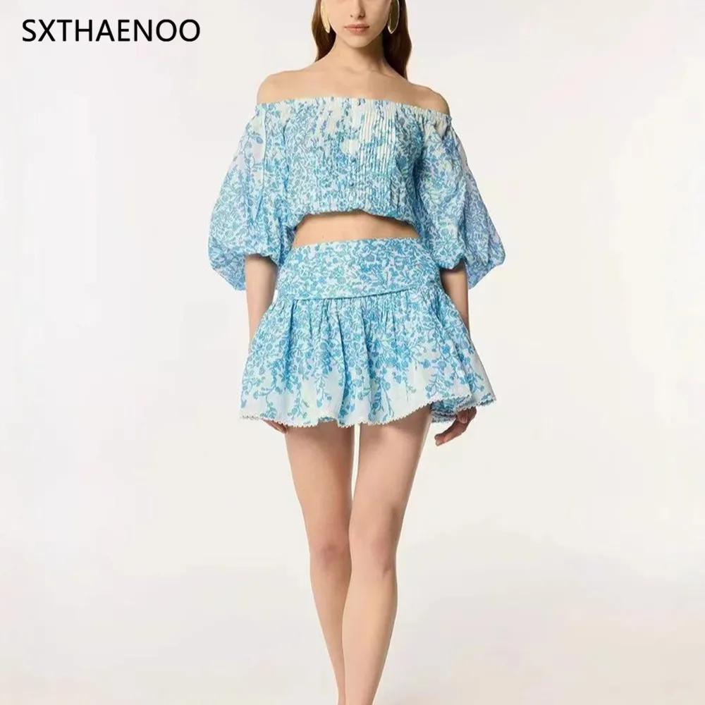 

SXTHAENOO Casual Two Piece Sets For Women Slash Neck Off The Shoulder Sleeve Top High Waist Skirt Cute Set Female New 2025