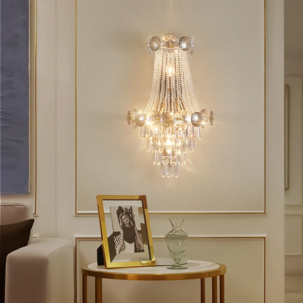 Luxury Crystal Wall Light Gold European Vintage Sconce Cascade Prism Wall Lamp Deco for Bedroom Living Room Corridor