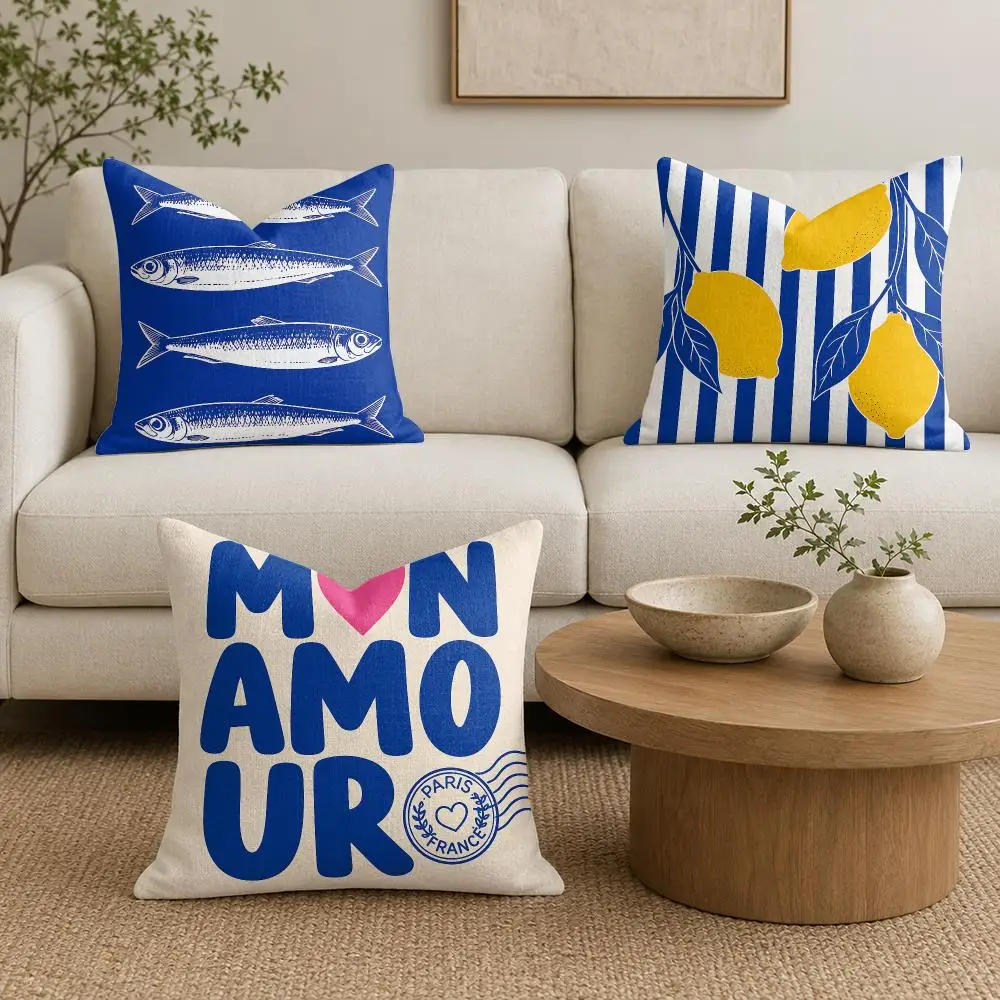 Cobalt Mediterranean Summer Cushion Cover Natural Linen Organic Fabric Double-Sided Printing Sofa Home Decor Gift Pillow Cover
