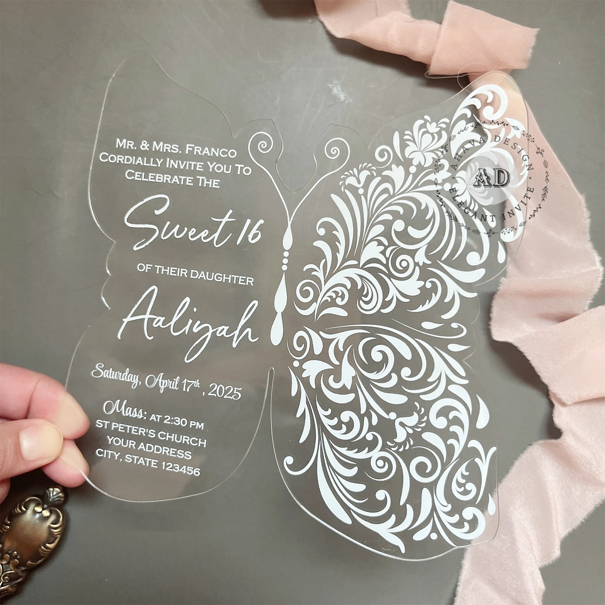 Acrylic Butterfly Quinceañera Invitation, Mis Quince Acrylic Invite, Elegant Butterfly Acrylic card With envelope{Free Preview}