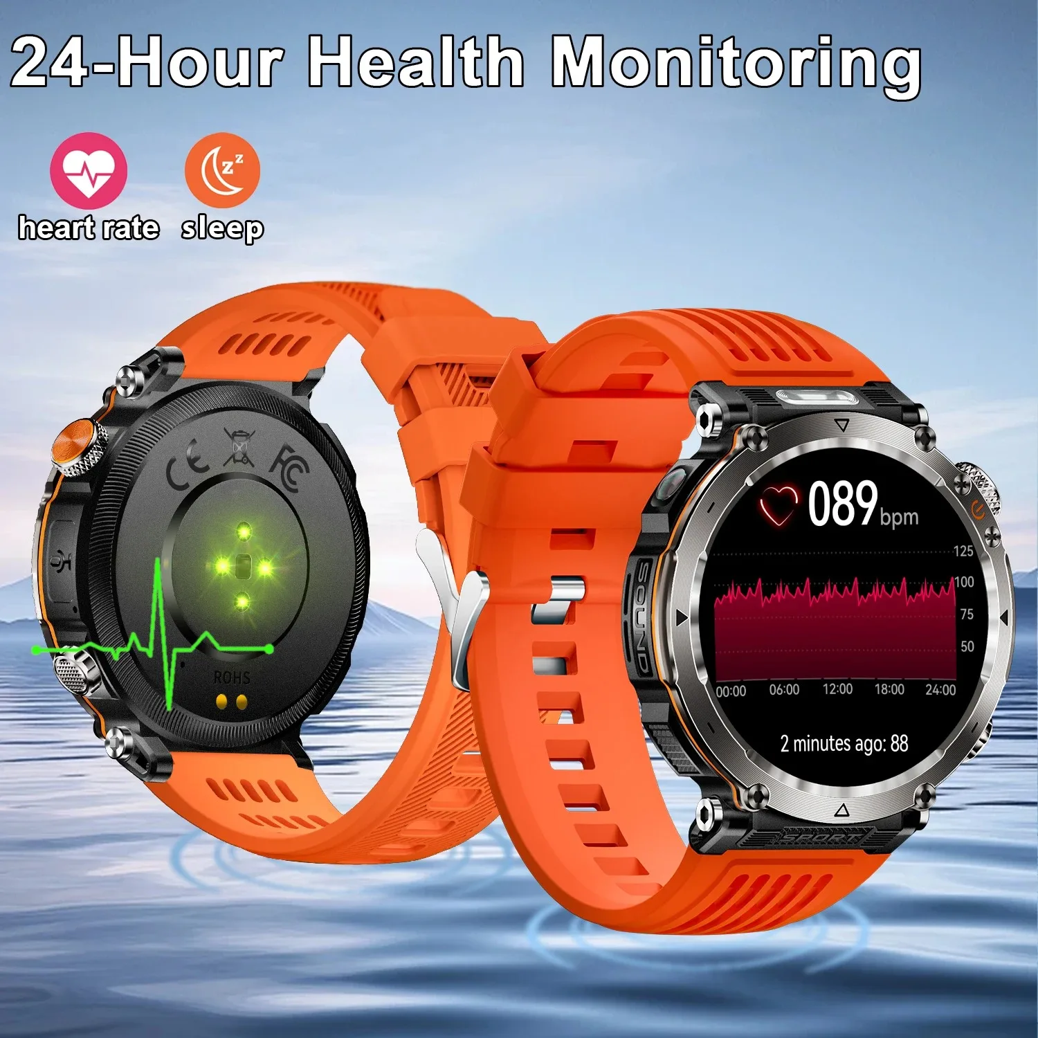 5ATM مقاوم للماء ساعة ذكية الرجال 600mAh في الهواء الطلق SmartWatch GPS البوصلة معدل ضربات القلب مصباح ليد جيب بلوتوث دعوة الرياضة Smartwatch
