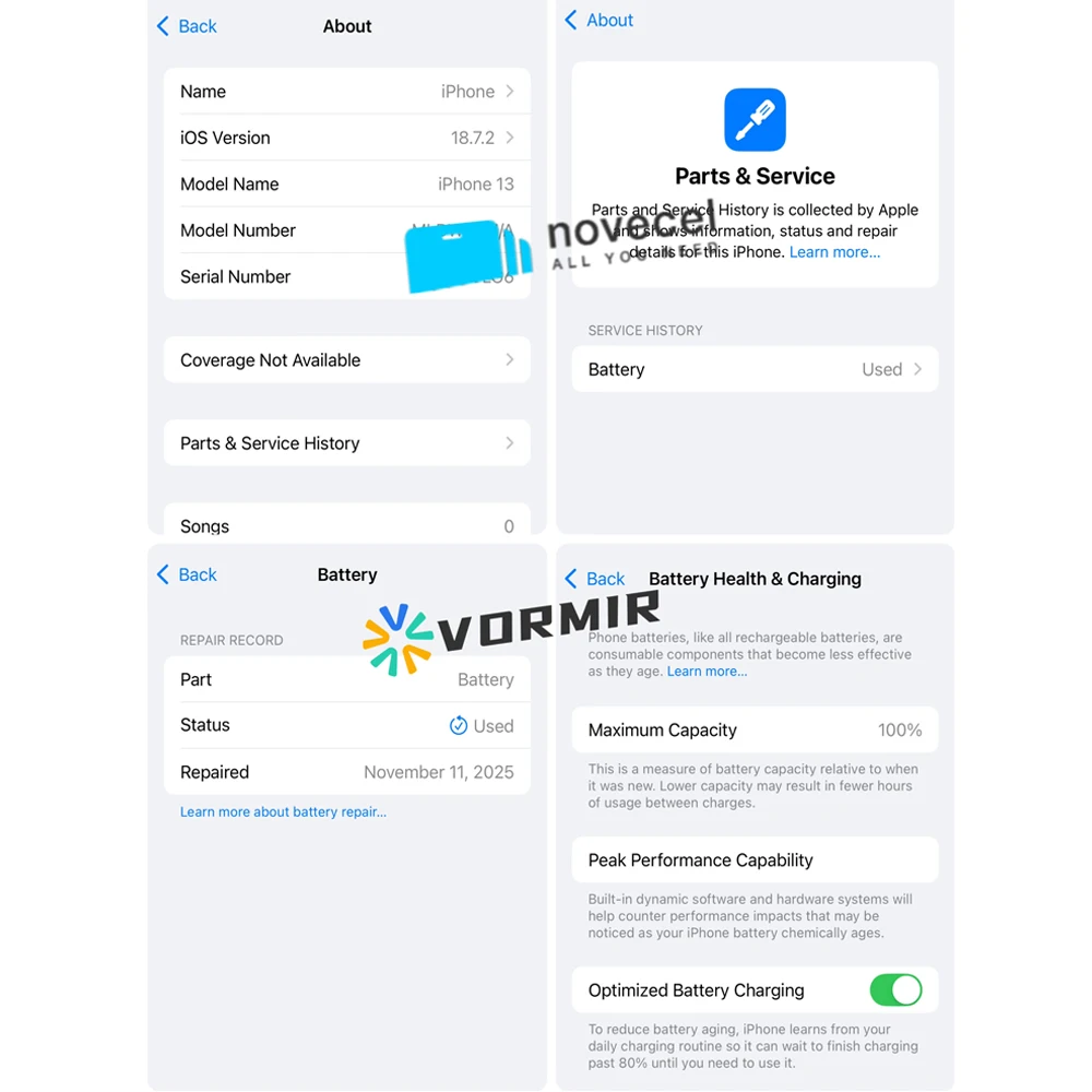 2pc Vormir 100% Capacity Diagnostic Battery For iPhone 12 13 Pro 14Plus 15Pro 13mini Shows Genuine Part No Error Message Pop up