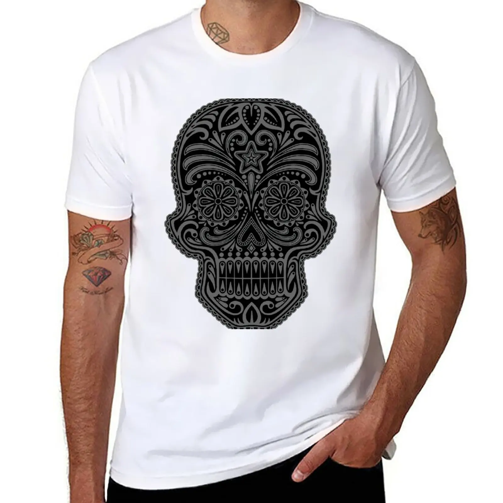 New Intricate Gray and Black Sugar Skull T-Shirt funny t shirt graphics t shirt T-shirt men