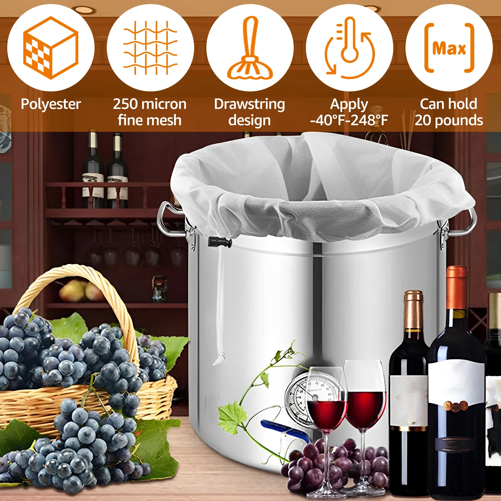 6 Pack Brew Bags Extra Large Reusable Straining Bag 250 Micron Fine Mesh Strainer Bag with Adjustable Drawstring Polyester Wine