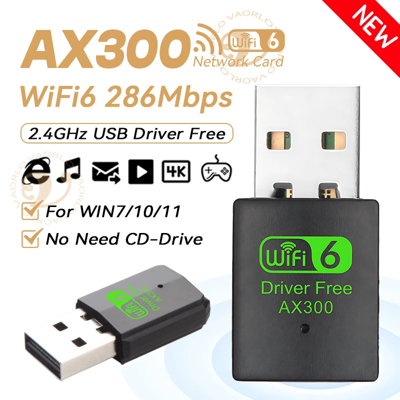 

WiFi6 USB Wireless Network Card AX300 Drive Free 2.4G High-Speed Mini WI-FI Adapter Receiver Dongle WLAN 286Mbps For Win 7/10/11