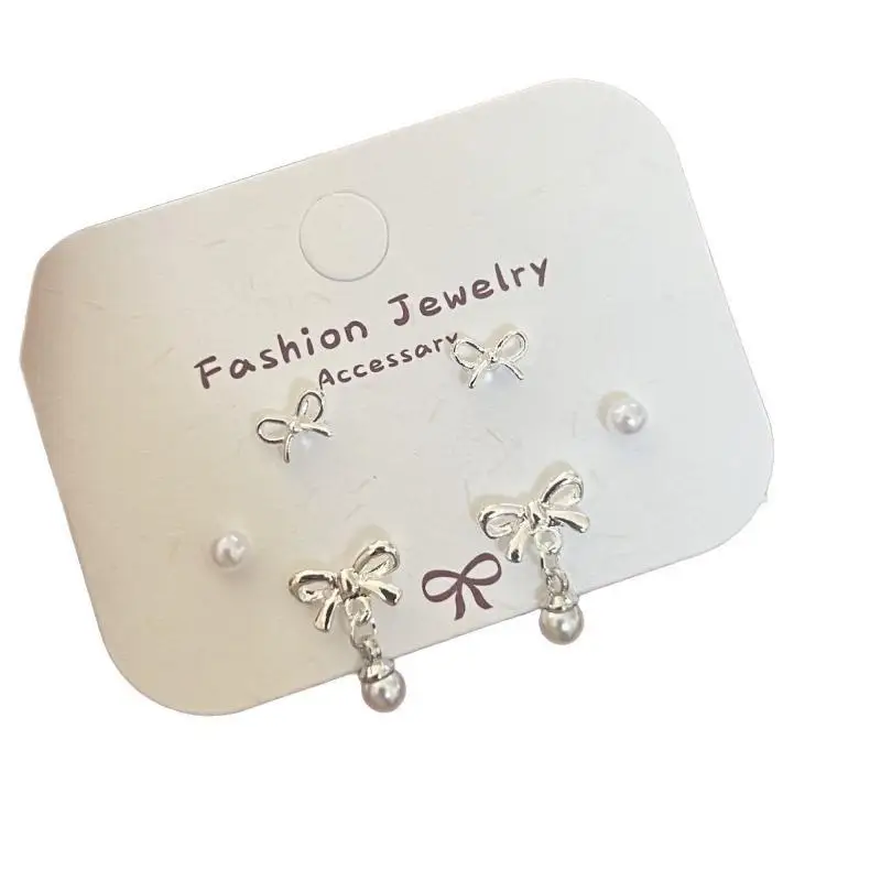 3 Pairs Silver Bow Pearl Stud Earrings Set Long-Lasting No Fade Dainty Jewelry for Women Daily Work Cocktail Party Wear