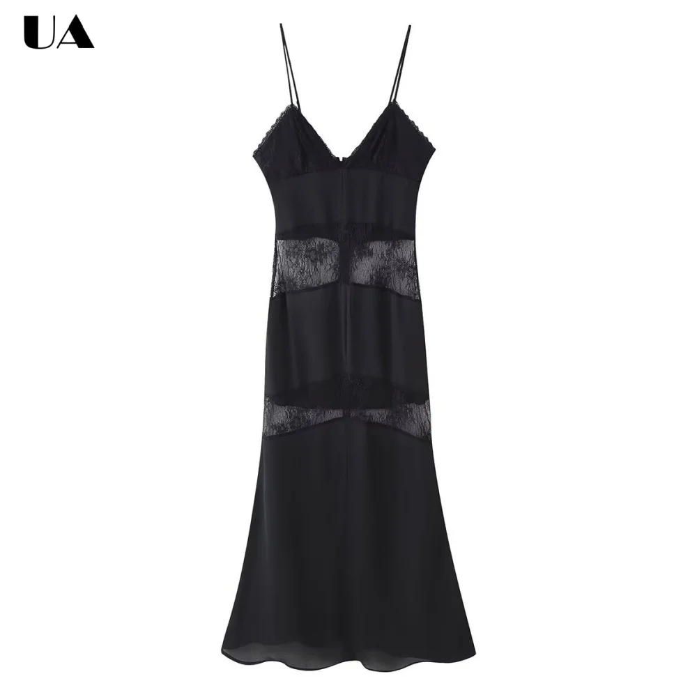 

Trendy V-neck Lace Patchwork Maxi Dress with Spaghetti Strap, Sexy Backless Long Dress for Woman, Fashionable Zipped Party Dress
