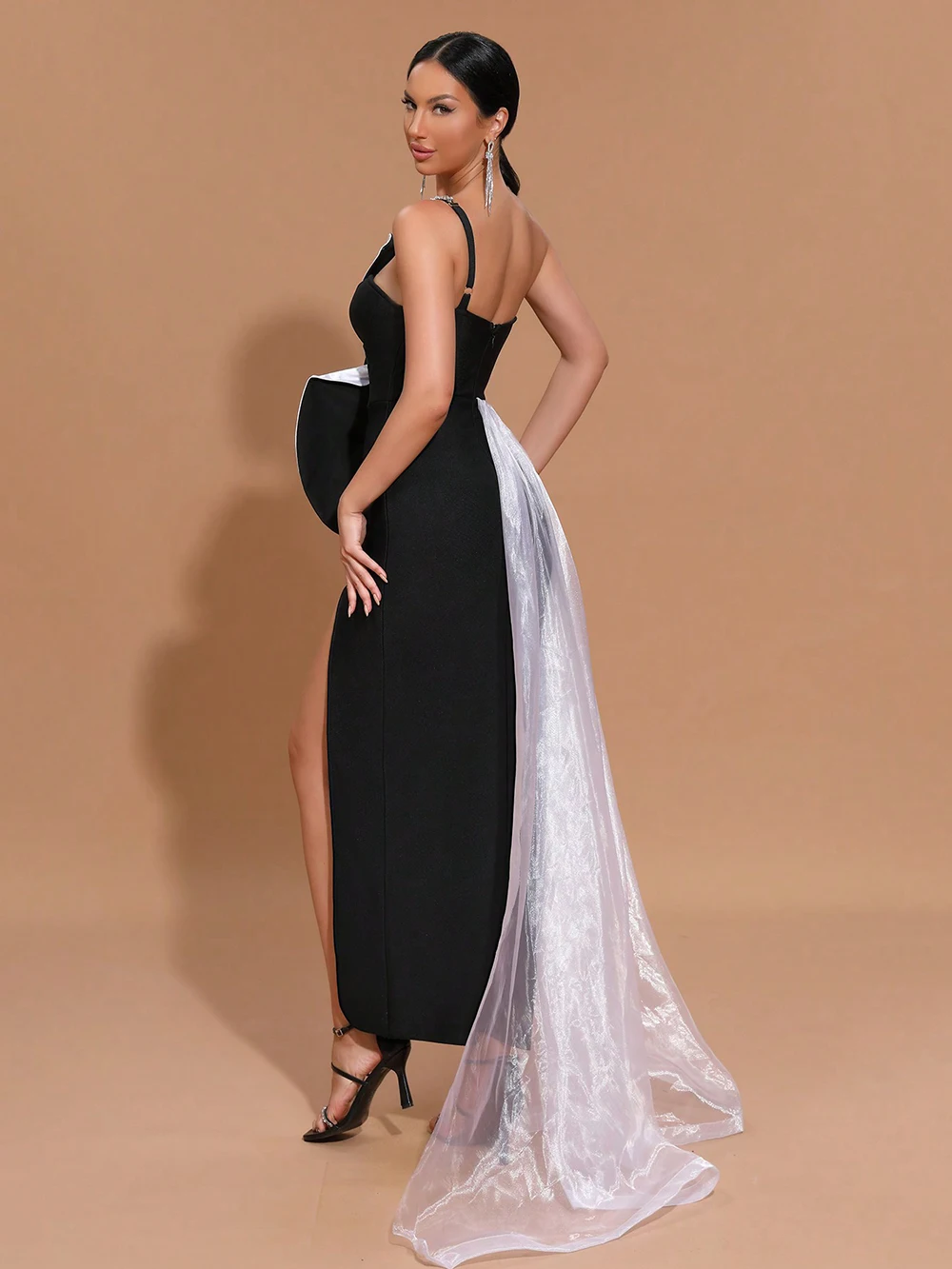 Modphy Women one shoulder Splicing Flowers Diamonds Long Tulle Train Tight Prom Dresses Elegant Celebrity Evening Cocktail Gowns